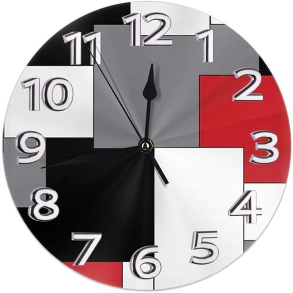 Geometric Decorative Wall Clock with Roman Numeral Hands White,Grey,Black & Red